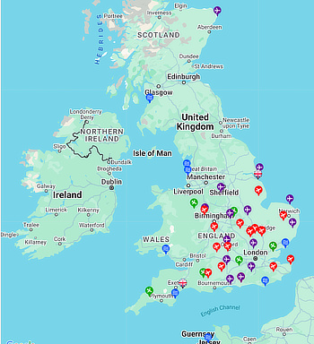Map of some of the 2025 UK airshows